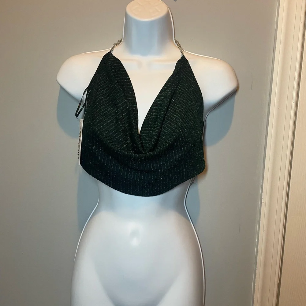 green and black sparkly backless top with silver chain straps - Picture 2 of 7